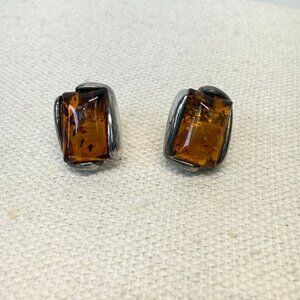 Sterling Silver Honey Baltic Amber Rectangular Stud Earrings Marked